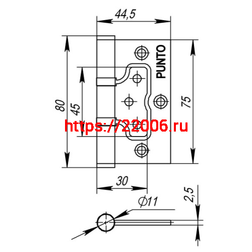 Петля Punto (Пунто) универсальная без врезки IN3200W WAB (200-2B 75x2,5) мат. бронза фото 3