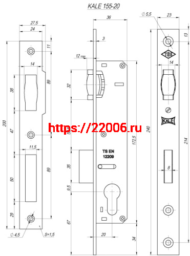 Замок Kale kilit (Кале килит) врезной цилиндровый узкопроф.155 (20 mm) (никель) 3 кл. фото 3