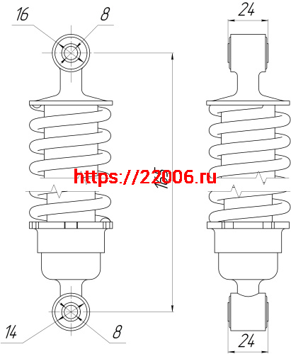 Амортизатор рамы зад. (800LBS*165L)(HG-D (TG-F)) закрытый (L-165, D1-16,d1-8,Н1-24, D2-14,d2-8, Н2-24) фото 2