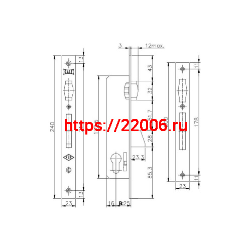 Корпус Kale kilit (Кале килит) узкопрофильного замка с роликовой защёлкой 255 (25 mm) w/b (никель) фото 3