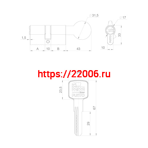 Цилиндровый Punto (Пунто) механизм Z3002Knob110(50+10+50) с вертушкой CP хром фото 3 Цилиндровый Punto (Пунто) механизм Z3002Knob110(50+10+50) с вертушкой CP хром фото 3